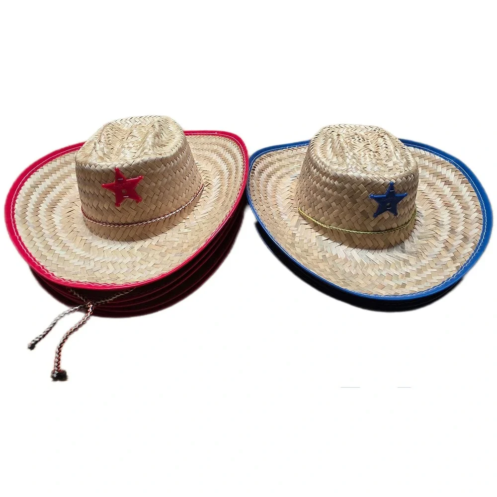 Cowboy Sheriff‎ Woven Straw Hat Kids Red Blue Star Chin Strap